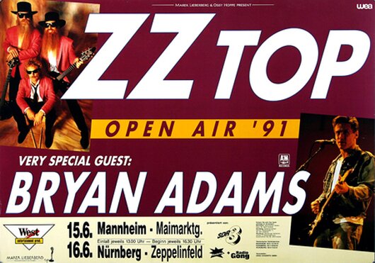 ZZ Top & Bryan Adams,- Open Air, Mannheim & Nürnberg 1991 - Konzertplakat